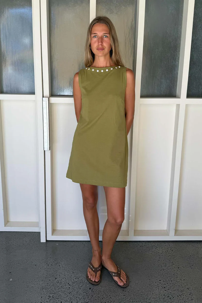Muriel Button Boatneck Mini Dress - Palm Green - Image 2