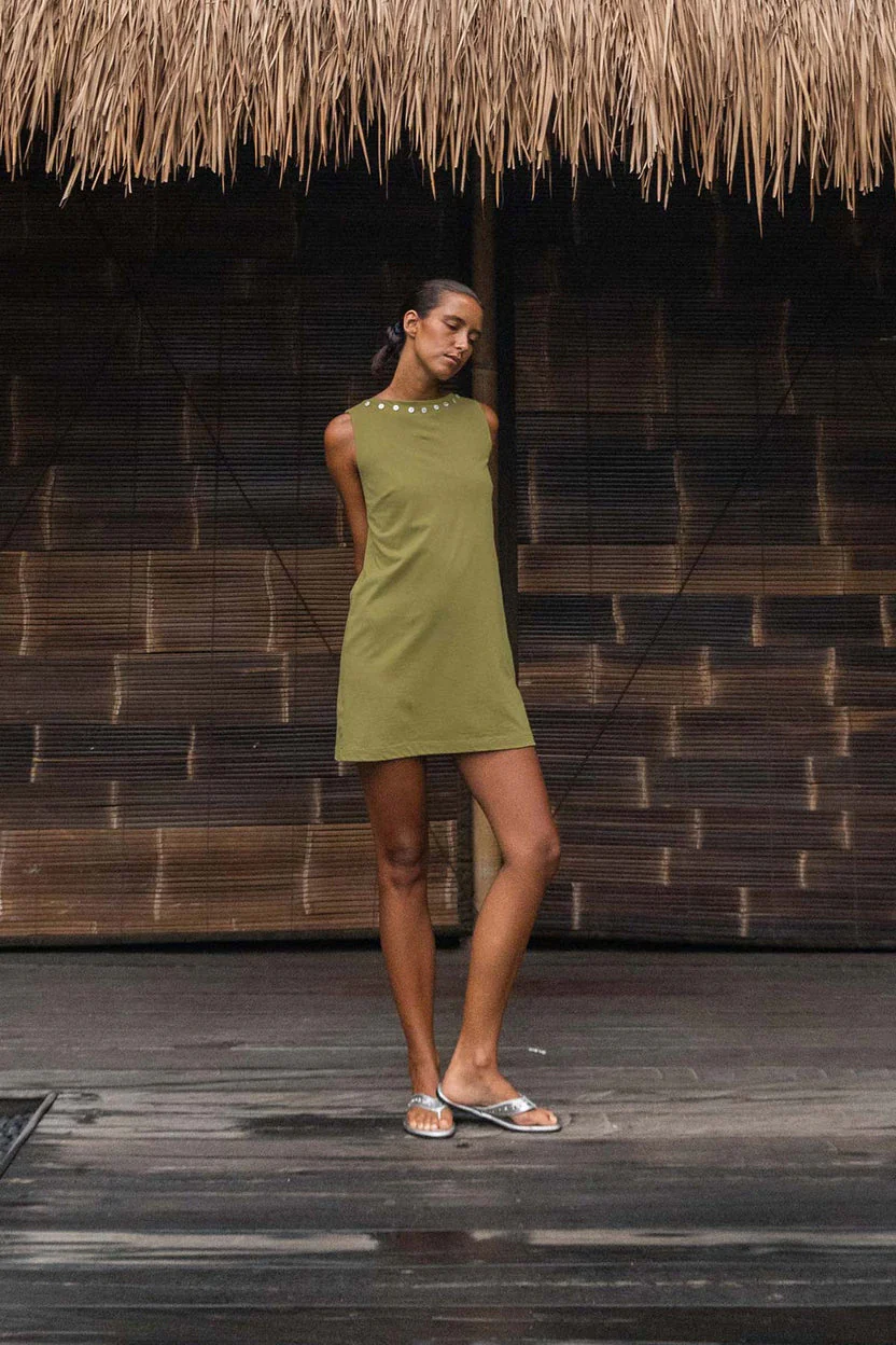 Muriel Button Boatneck Mini Dress - Palm Green - Image 3