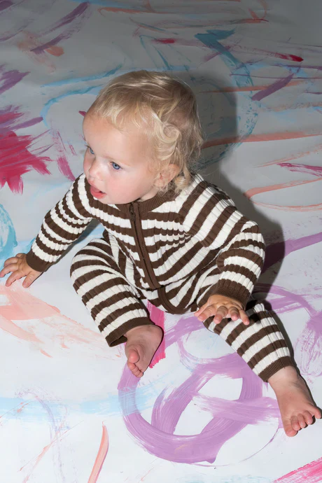 Organic Rib Stripe Knit Zipper Jumpsuit - Espresso & Milk - Image 4