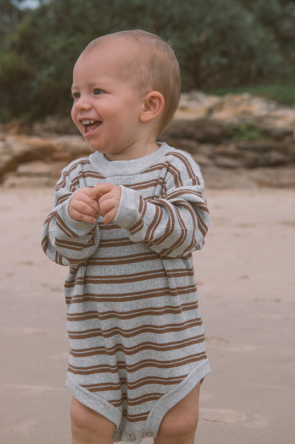 Organic Ribbed Stripe Knit Romper - Grey Marle/Brownie - Image 2